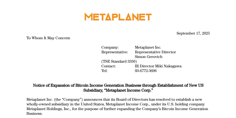 Metaplanet оголосила про створення нової дочірньої компанії у США. Джерело: contents.xj-storage.jp